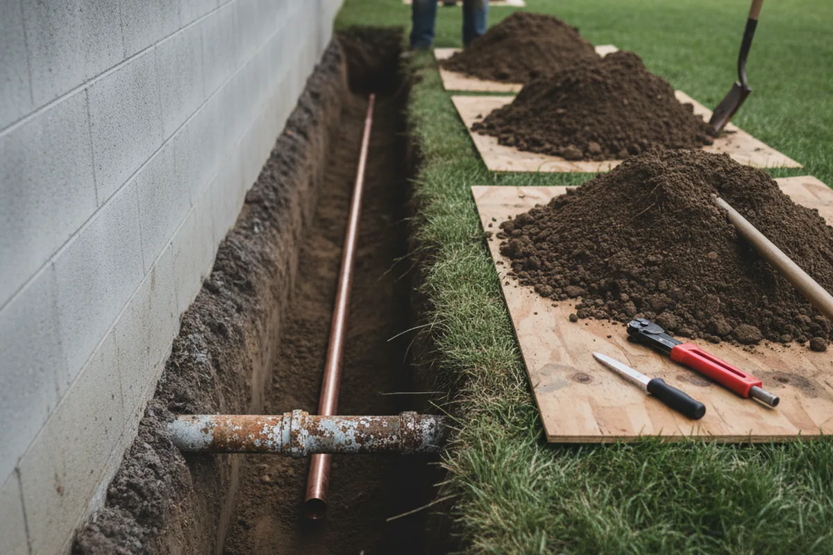 Excavated water line trench during Sewer Line Repair in Hollister